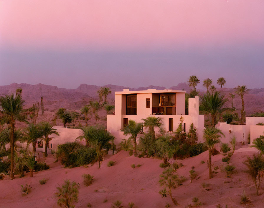 Desert home at dusk with palm trees and mountains in pink-purple sky
