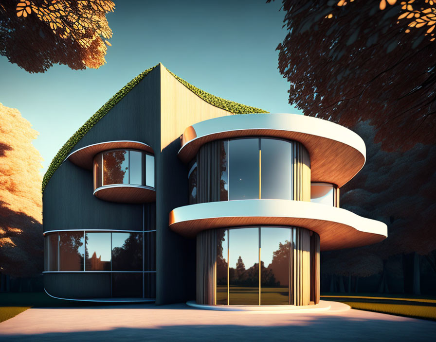 Contemporary House with Curved Design and Ivy Facade at Sunset