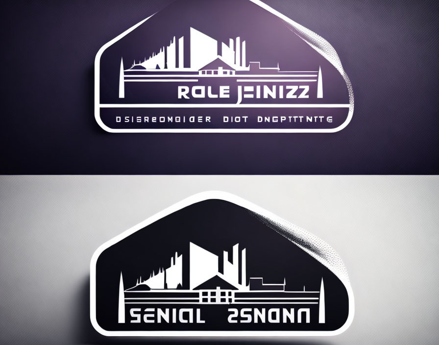 Cityscape logo with reflective text in inverted colors