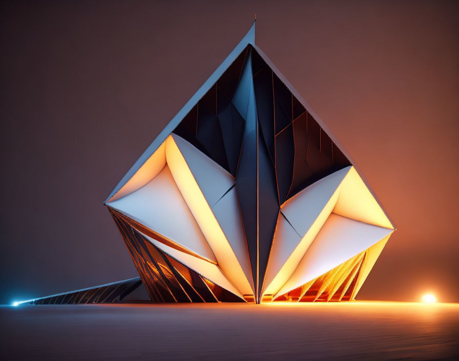 Modern pyramid structure with illuminated panels in dusky sky