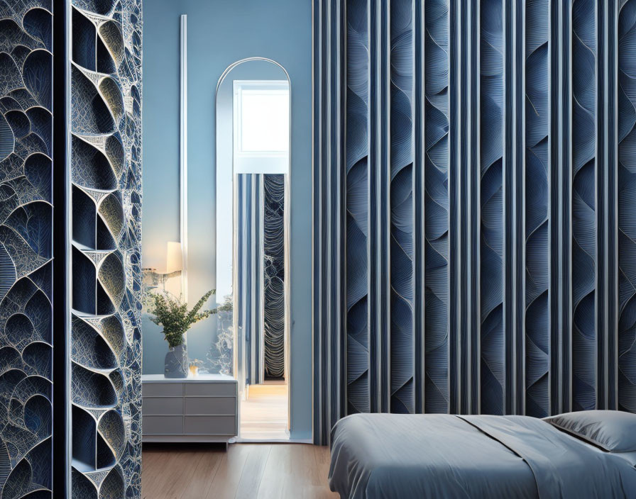 Blue Toned Modern Bedroom with Patterned Curtains and Textured Walls