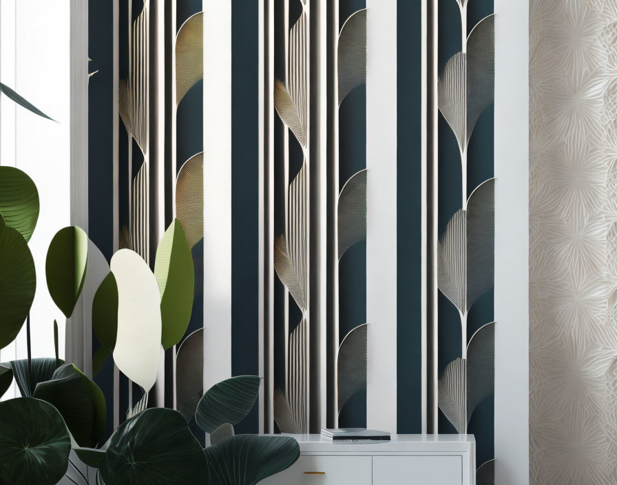 Contemporary Room with Vertical Striped Paneled Wall and Leaf Patterns