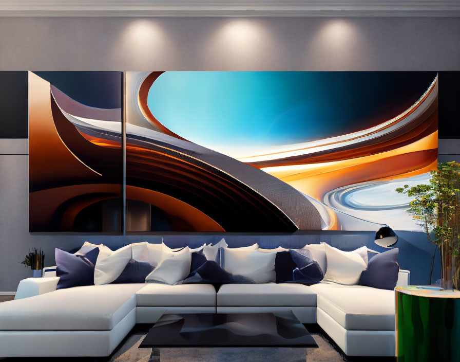 Contemporary living room with white sectional sofa, blue cushions, and abstract orange and blue wall art.