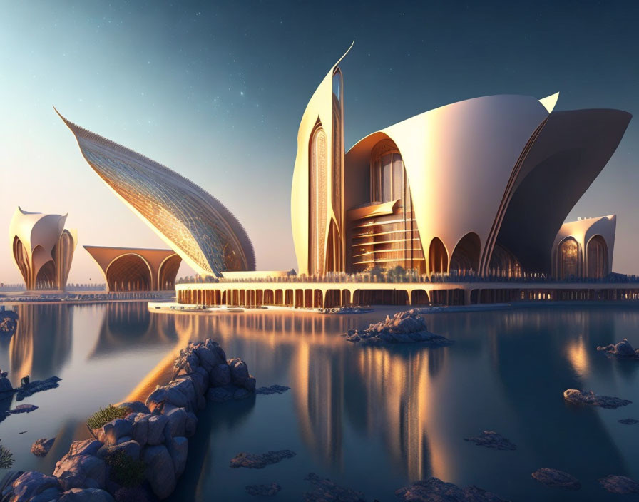 Sleek Curved Waterfront Architecture at Dawn or Dusk