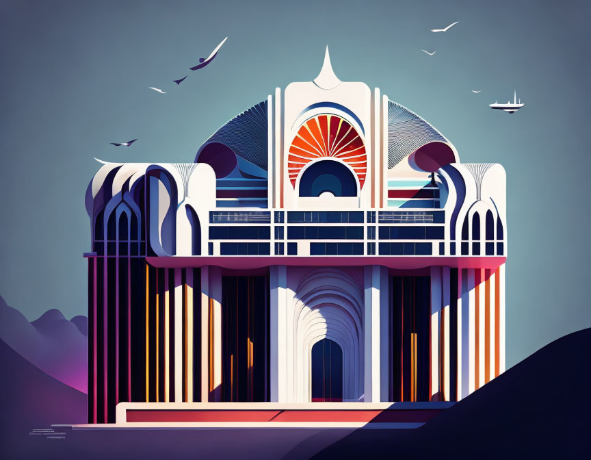 Stylized Art Deco structure in vibrant colors against mountainous backdrop