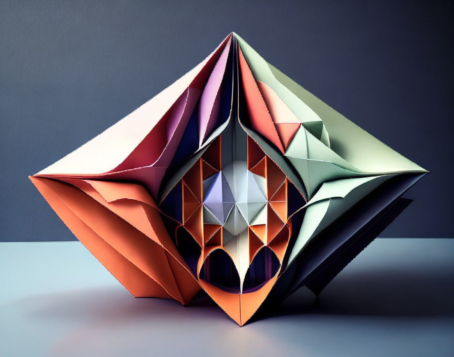 Colorful Origami Sculpture with Geometric Patterns on Blue-Gray Background