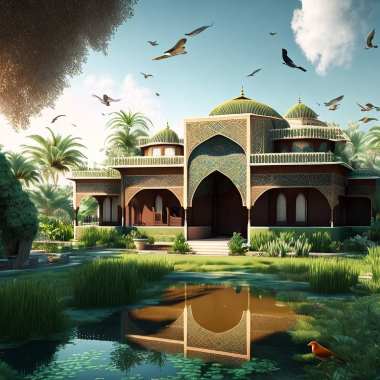 Ornate palace with dome roofs and lush gardens in serene setting
