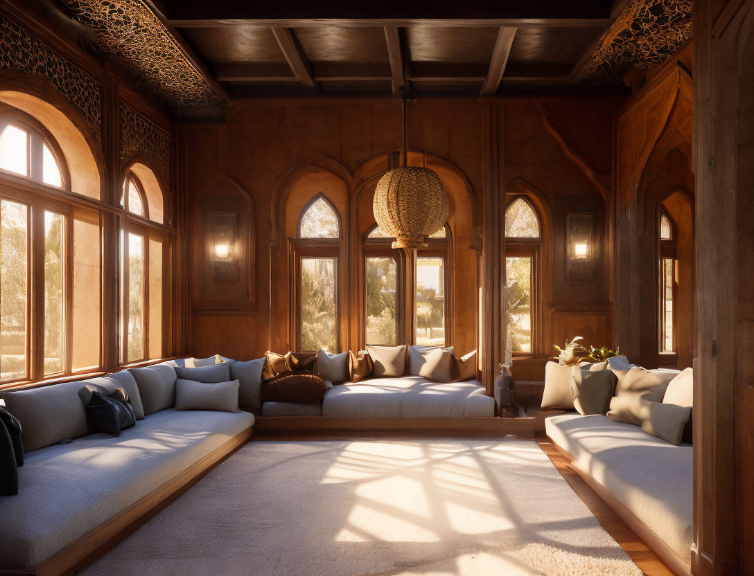 Traditional Design: Sunlit Interior with Wooden Walls & Large Windows