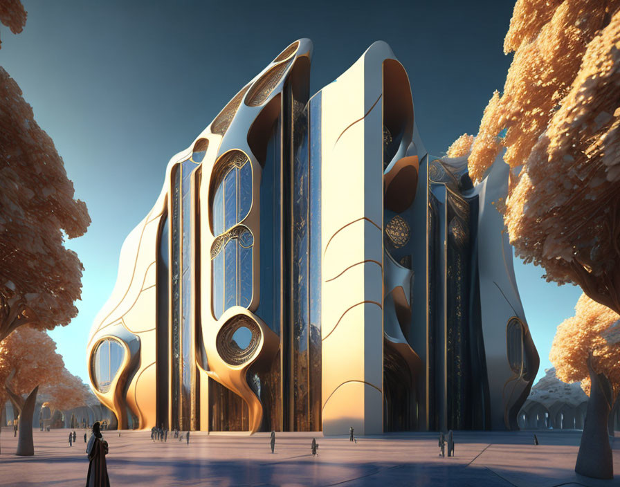 Futuristic building with golden details surrounded by autumnal trees and people walking by
