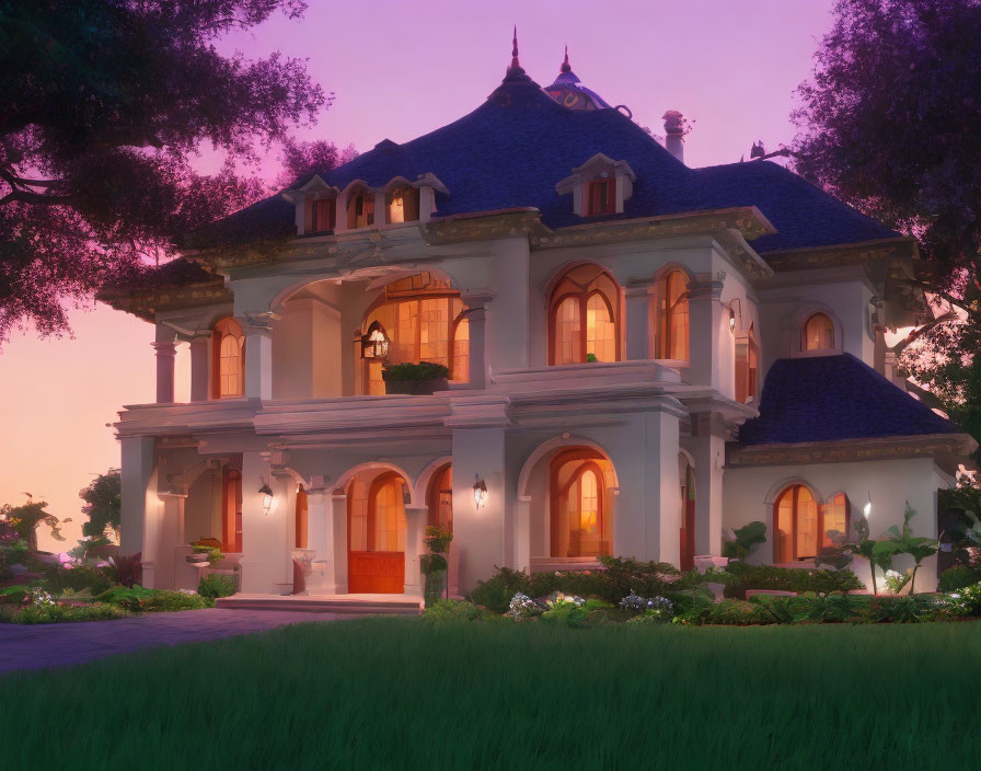 Spacious two-story house at twilight with lush greenery and purple sky