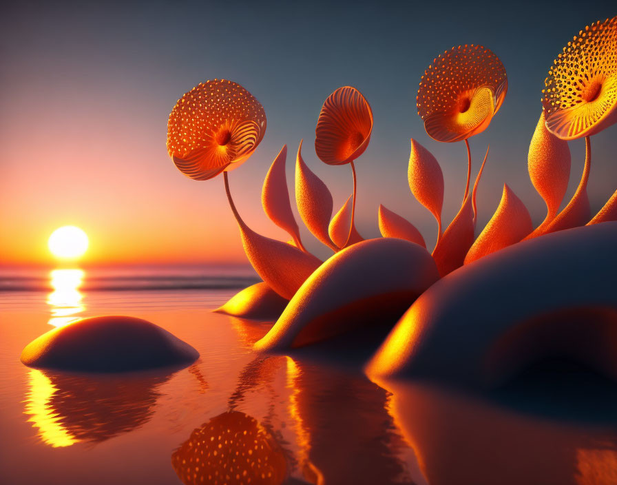 Surreal glowing alien-like flora on serene beach at sunset