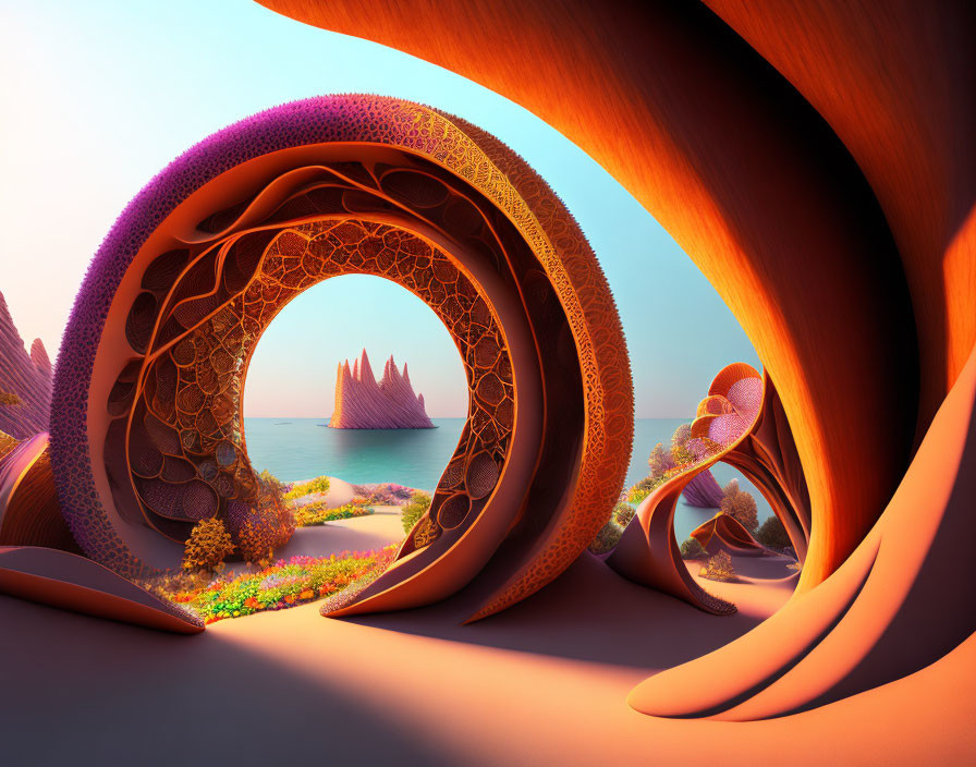Surreal landscape with swirling organic structures by the ocean