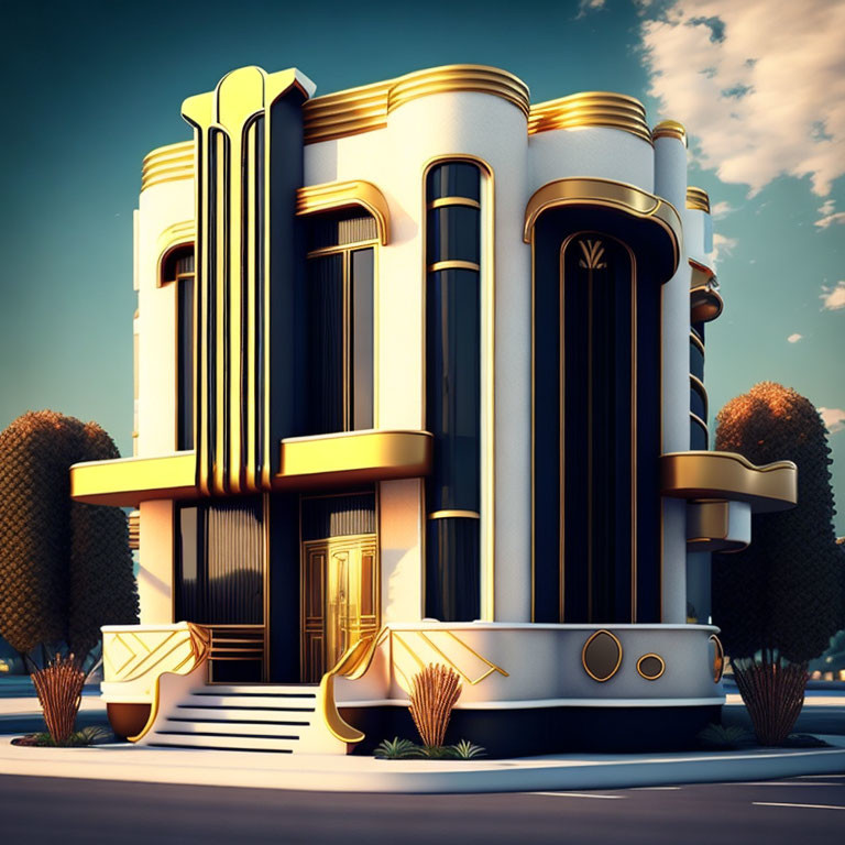 Gold and White Art Deco Building with Curved Facade and Stylized Trees