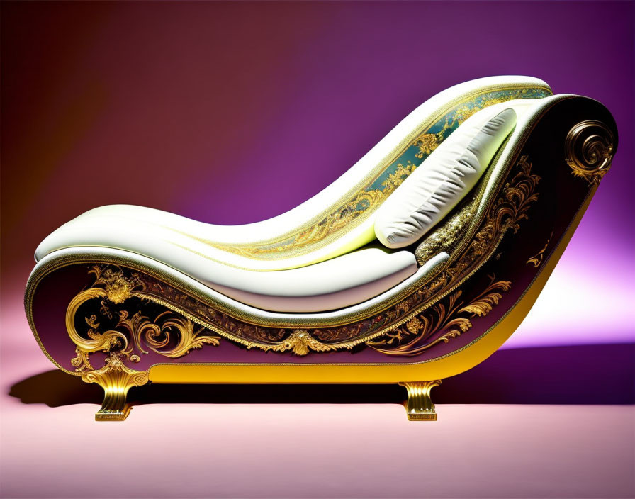 White and Gold Ornate Chaise Lounge on Purple-Pink Gradient Background