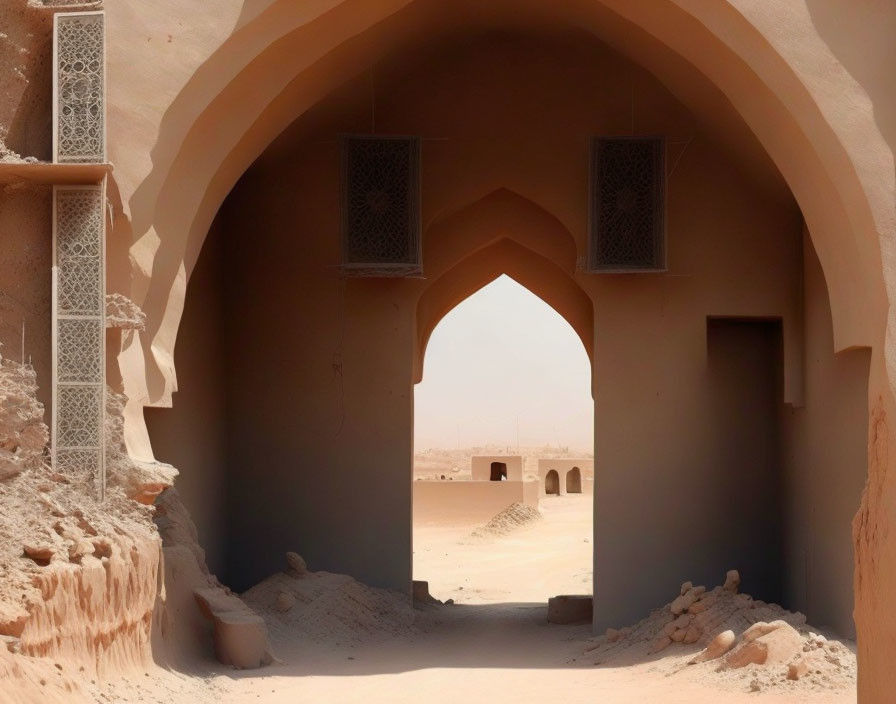 Terracotta-colored building archway with lattice windows in desert landscape