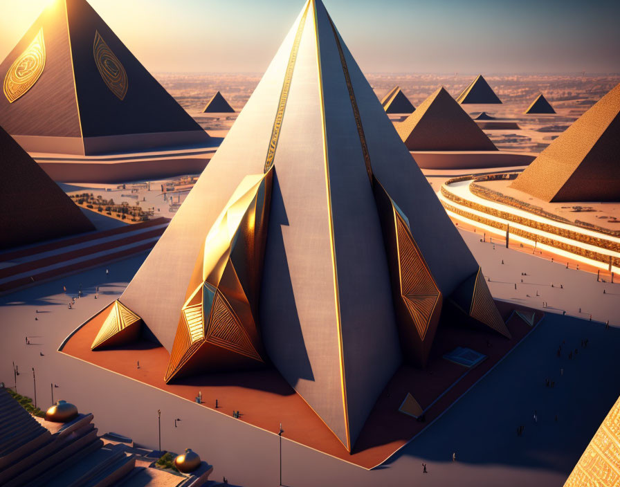 Metallic futuristic pyramids in desert landscape with small figures and circular structures at sunset