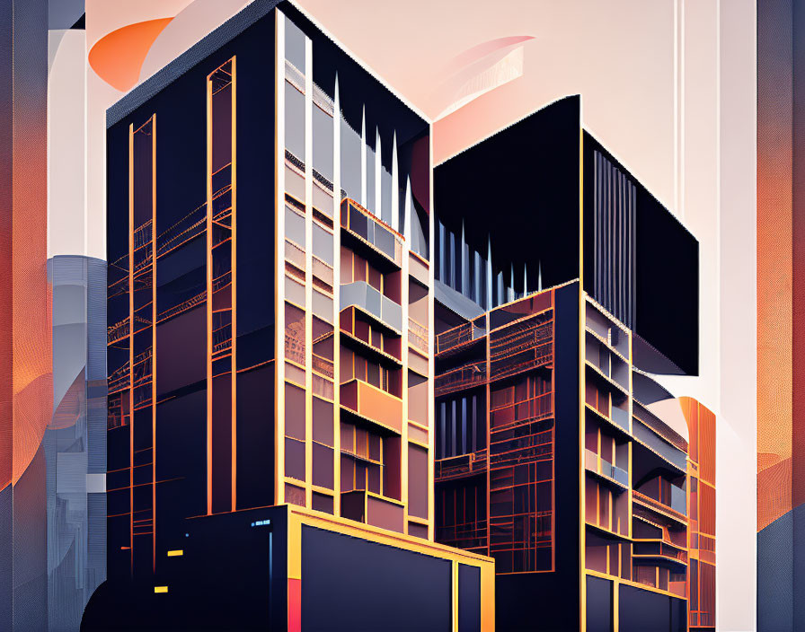 Modern buildings with vibrant orange highlights and geometric accents on pink sky