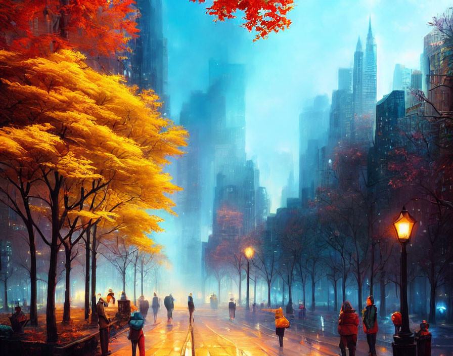  autumn street of New York, style by Victo Ngai