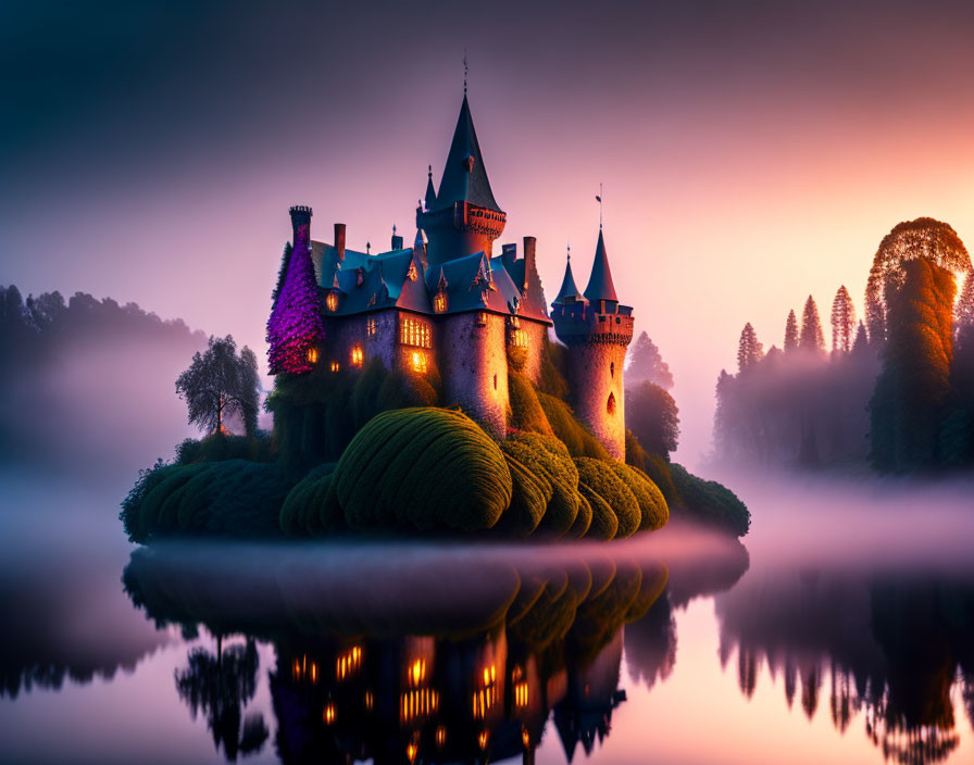 Gothic old castle in the morning at dawn over the 