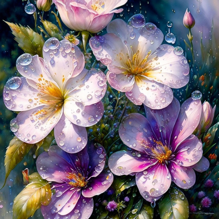 aquarell flowers, waterdrops, 