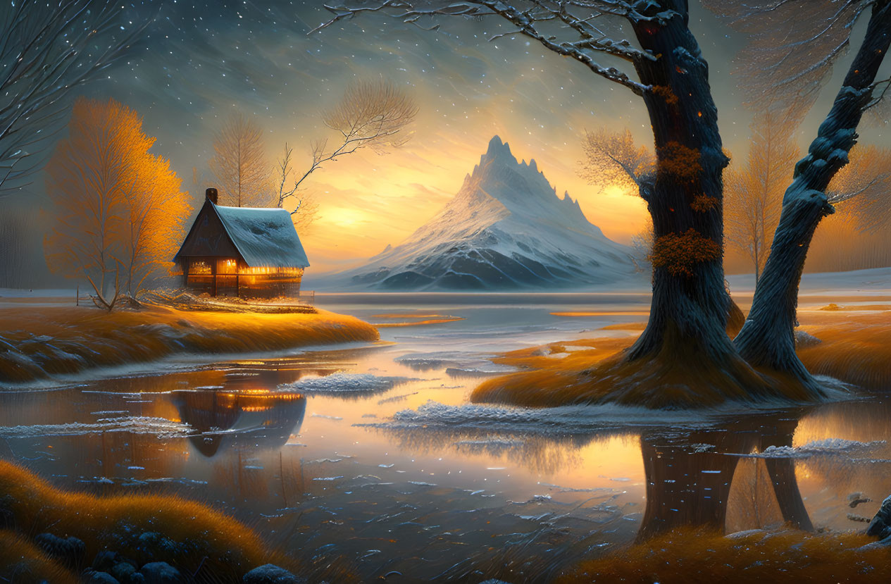  A cold and winter evening landscape, spectacular,