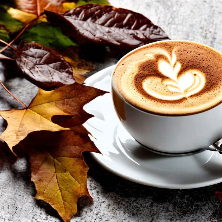 Latte art with heart shape and autumn leaves on textured surface