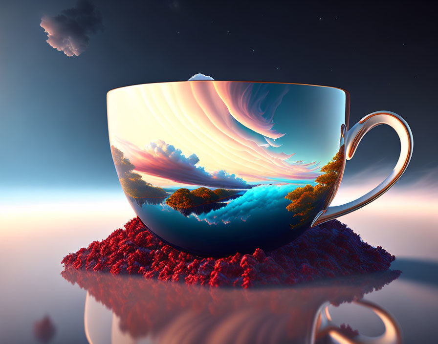 Surreal clouds falls in the tea cup. 