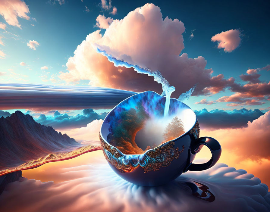  Surreal clouds falls in the tea cup. 