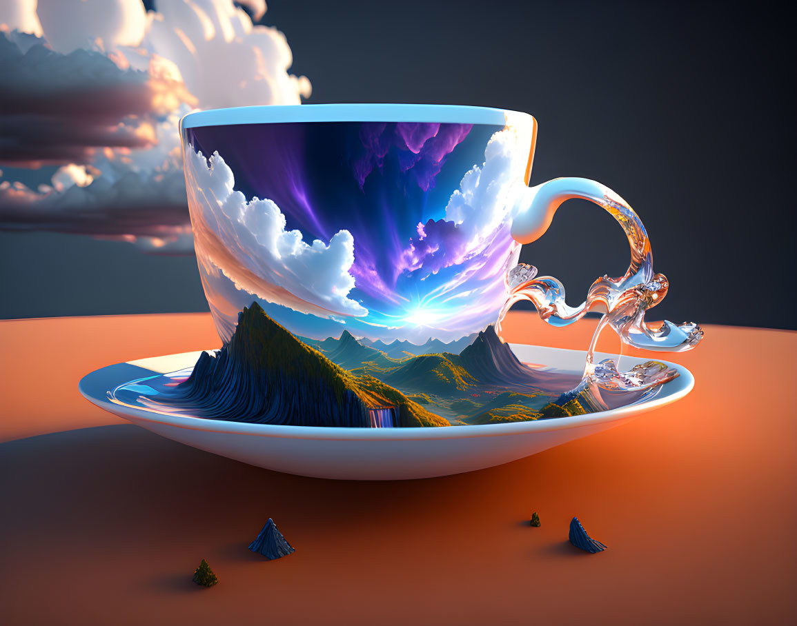 Surreal teacup image with landscape scene and mountains