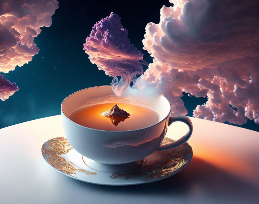 Surreal clouds falls in the tea cup. 