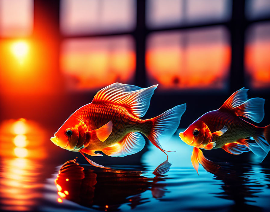 goldfish in the aquarium in the evening at sunset