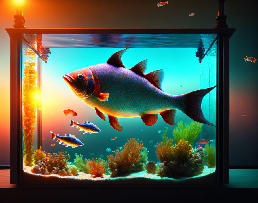 fish in the aquarium in the evening at sunset