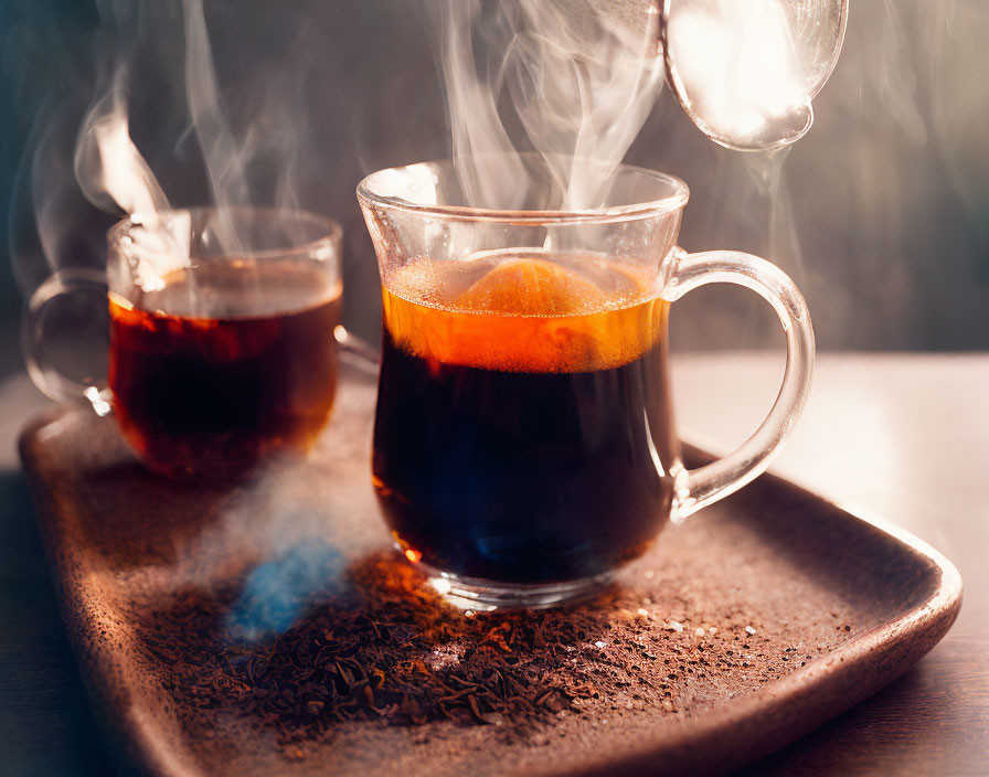  a glass mug of black tea, candy, steam 