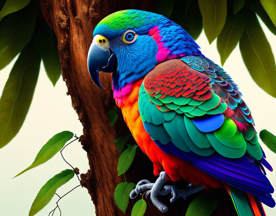Vibrant colorful parrot on tree branch with blue, green, and orange feathers.