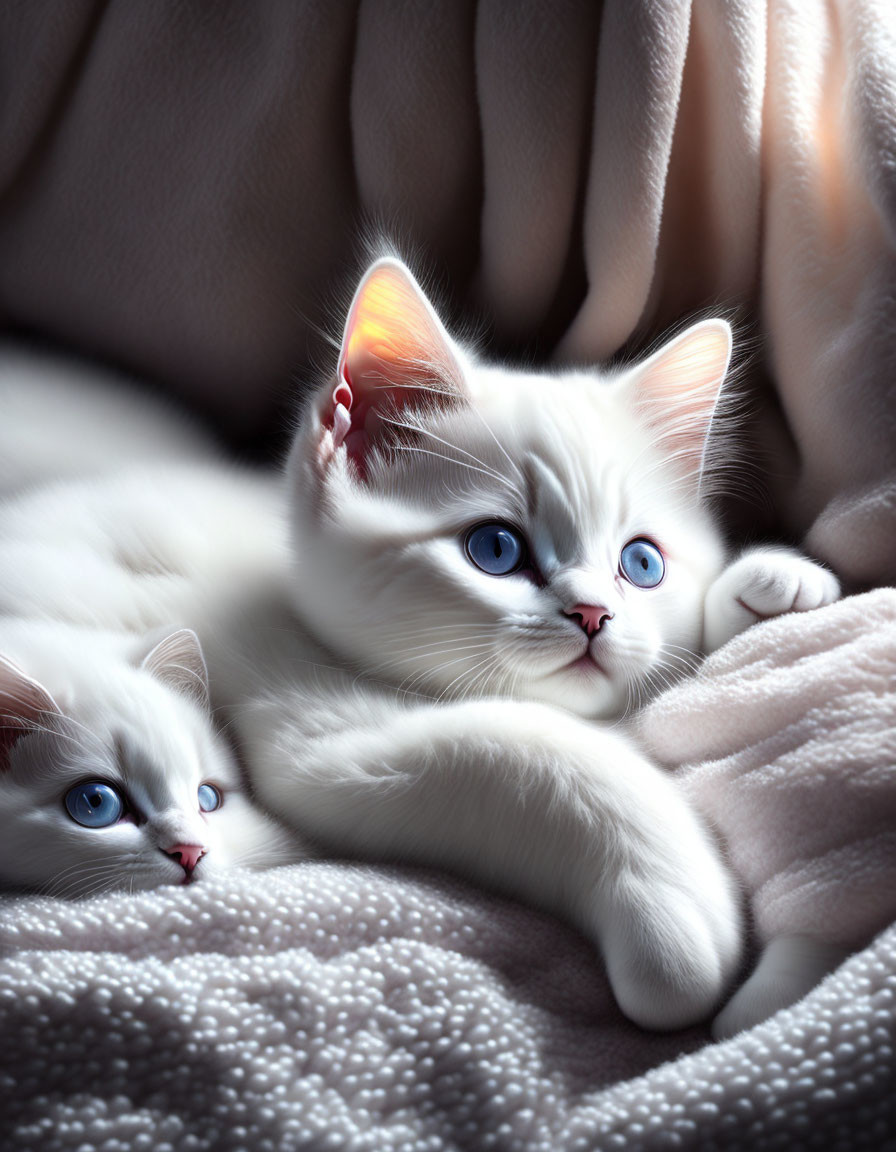 Fluffy white kittens with blue eyes on soft blanket