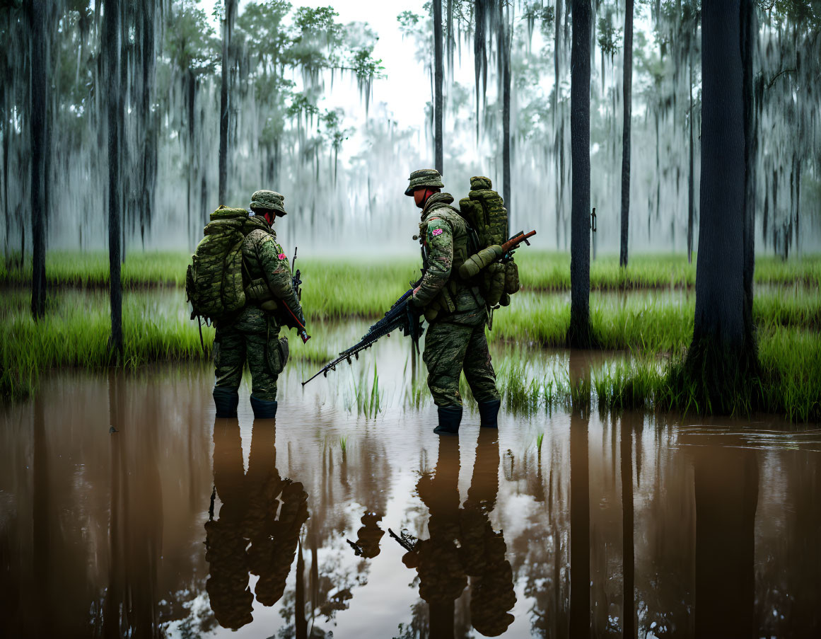 Military soldiers in camouflage gear wading through flooded forest with rifles