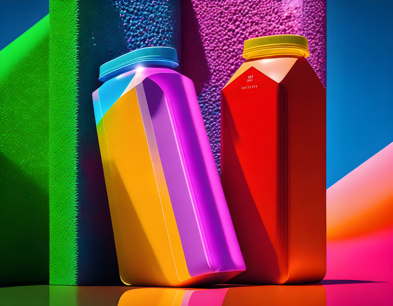 Colorful Translucent Bottles on Geometric Background