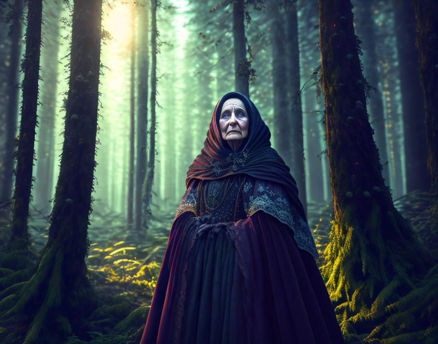 Elderly woman in red and black cloak in misty forest with tall trees