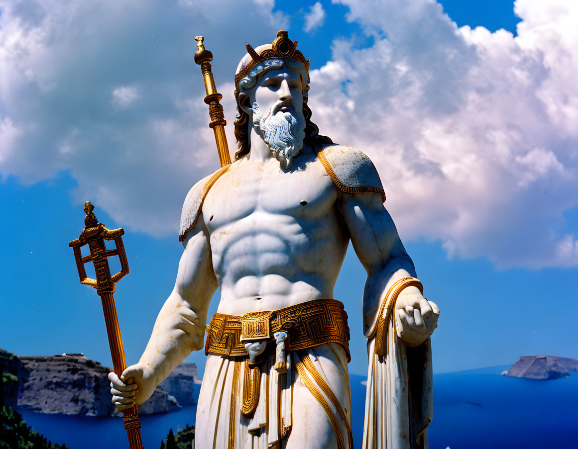 Vibrant Poseidon statue with trident under clear blue sky by the sea