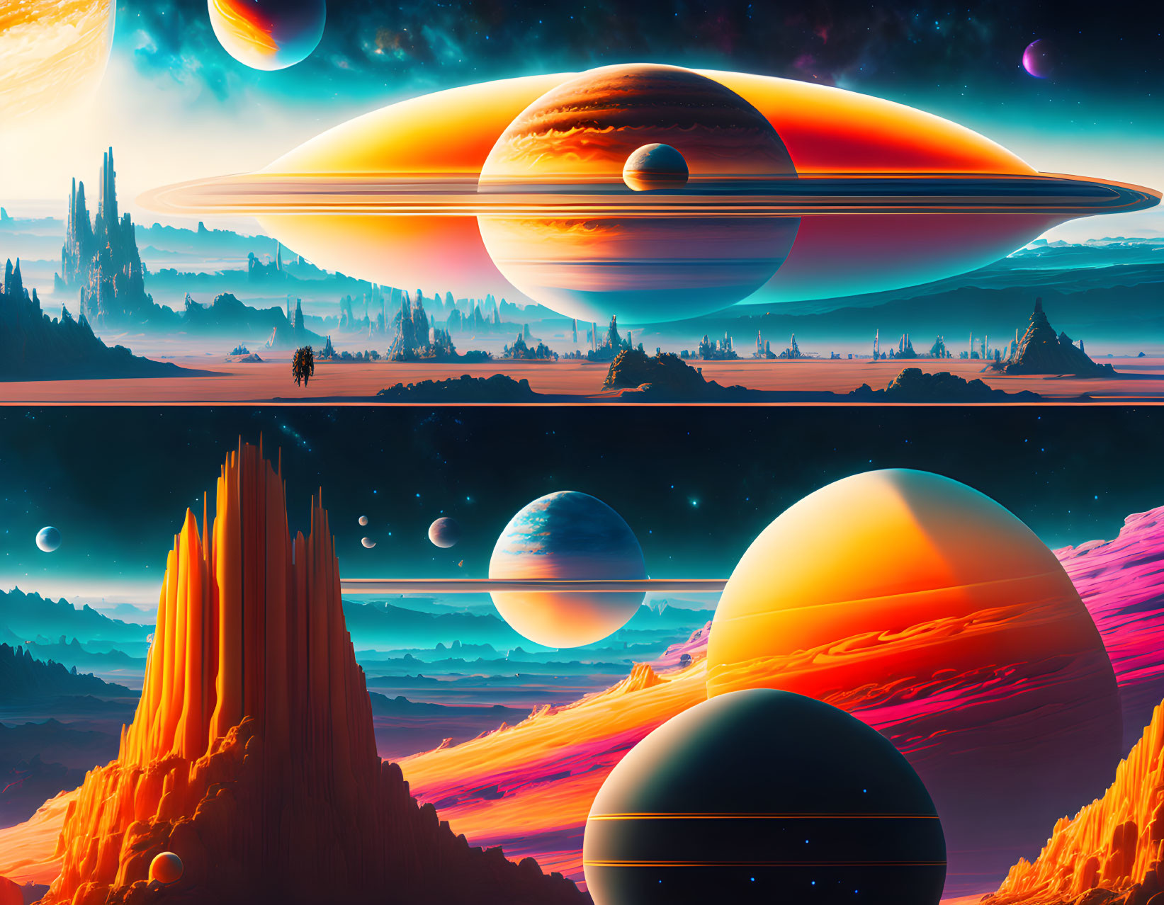 Vibrant sci-fi landscape with ringed planets, rocky formations, and observer.