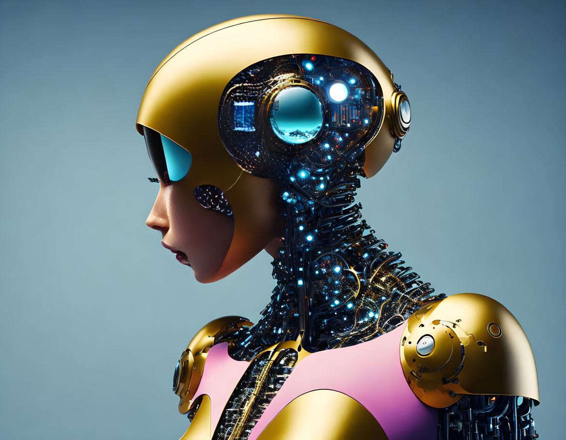 Detailed side profile of robot with human-like face, golden headgear, and intricate mechanical neck structure on