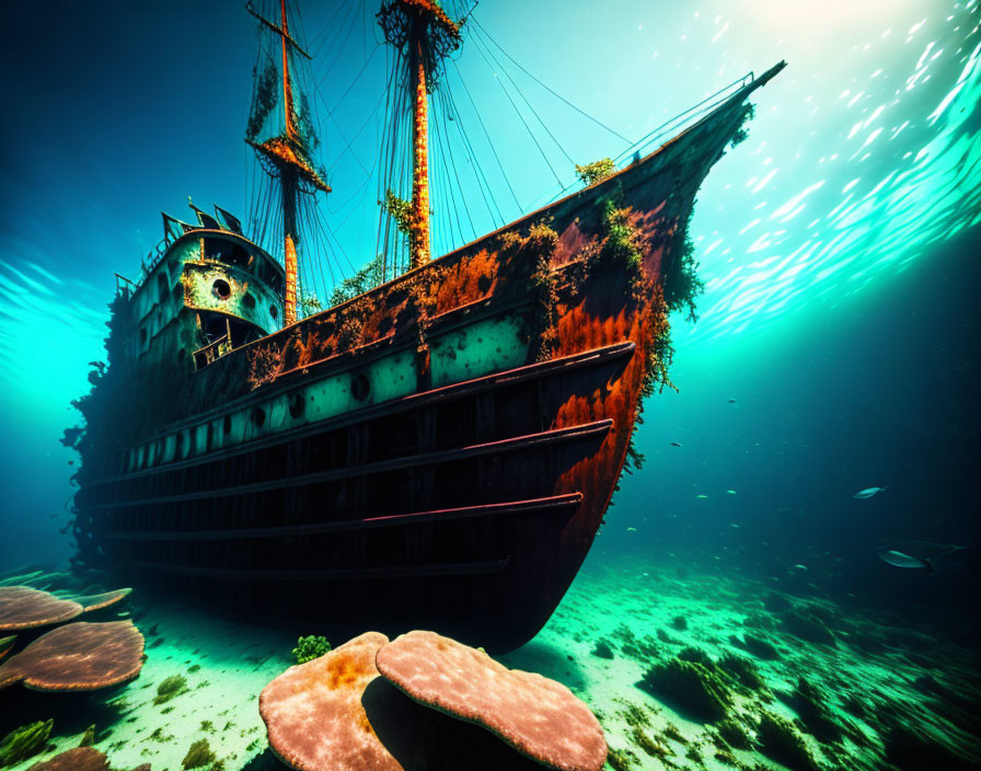 Rusting shipwreck in sunlit underwater scene