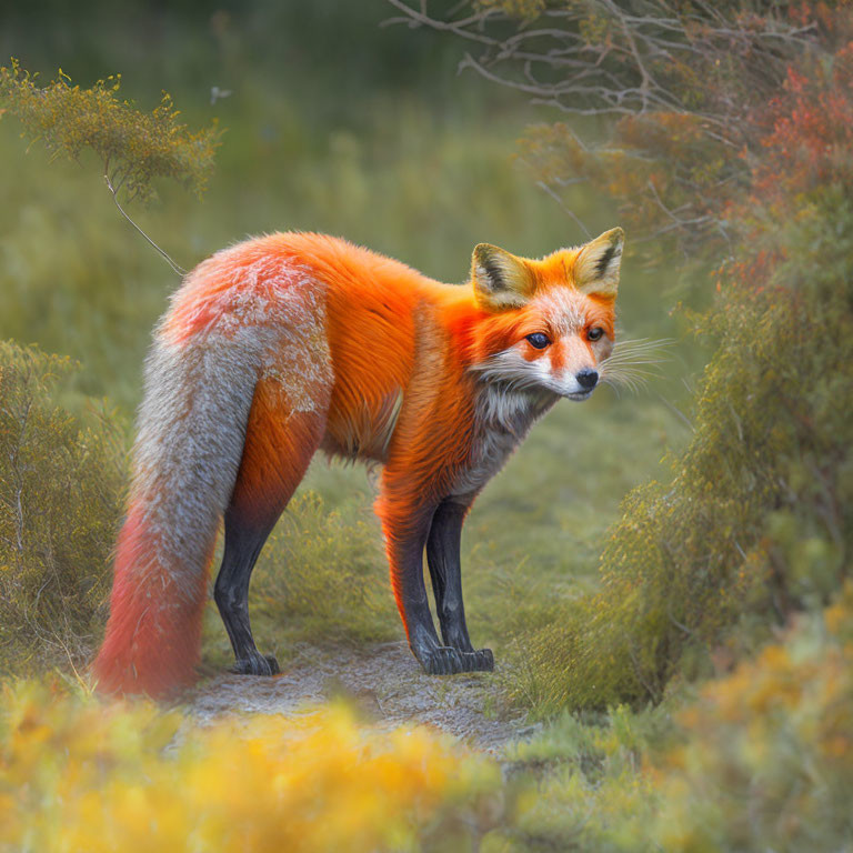 Wild red fox in vibrant colors against blurred foliage