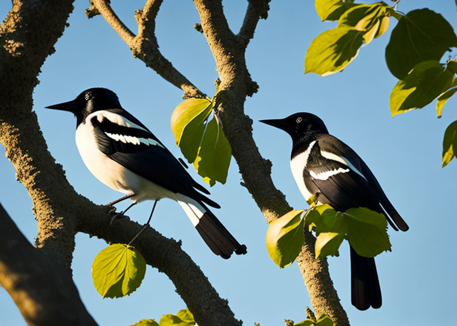 Pair of magpies on tree branches under blue sky with green leaves