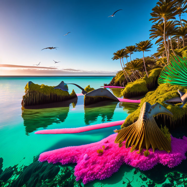 Tropical seascape with pink coral, green rocks, palm trees, and birds