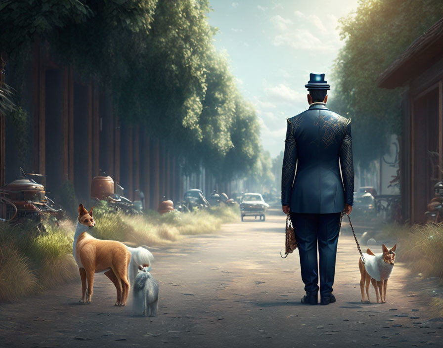 Man in Suit and Hat Walking with Dogs on Vintage Car-Lined Street