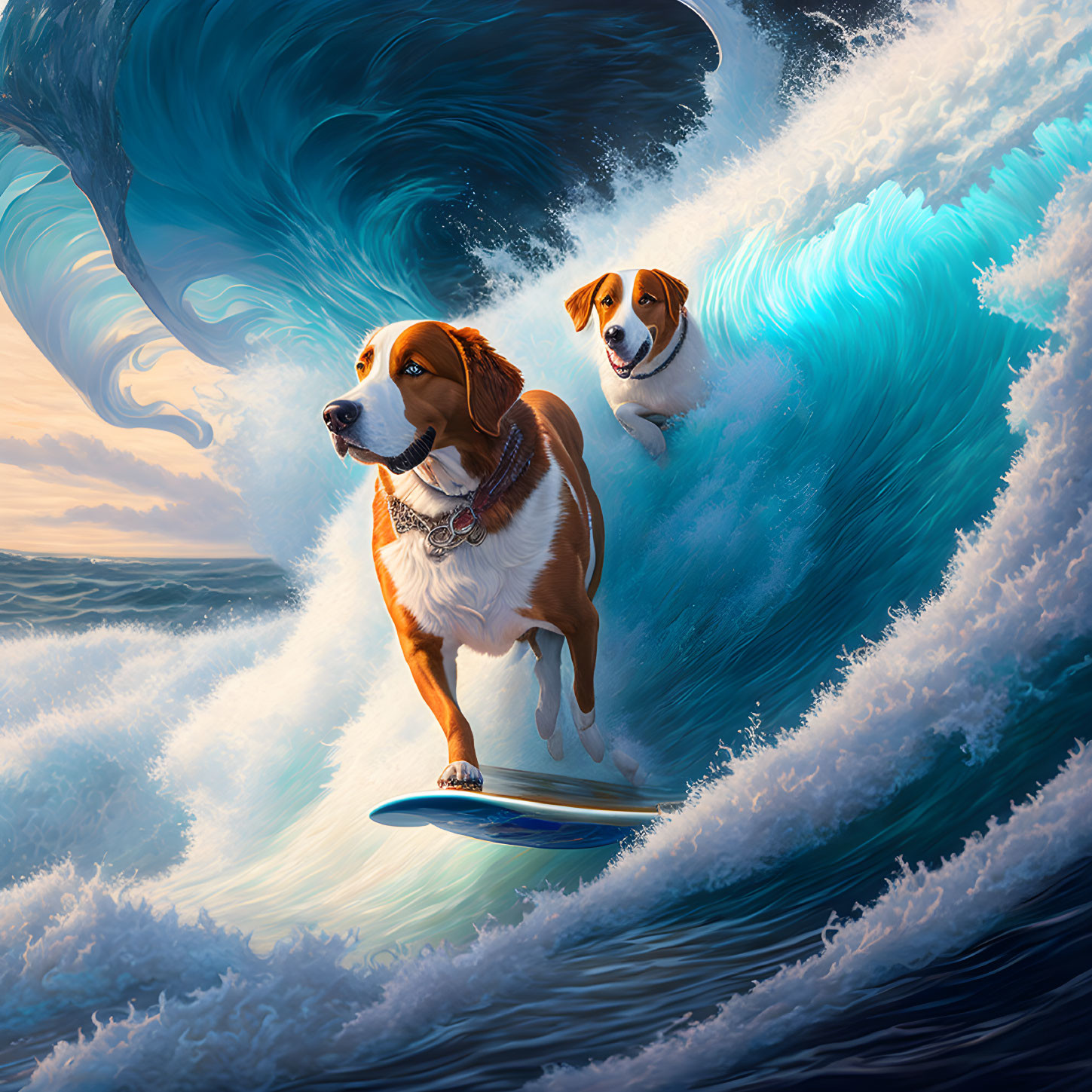 A dog surfing in a big wave