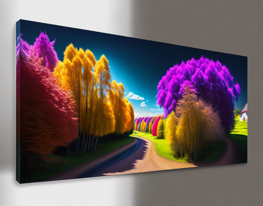 Colorful surreal landscape painting with curving road and vibrant trees