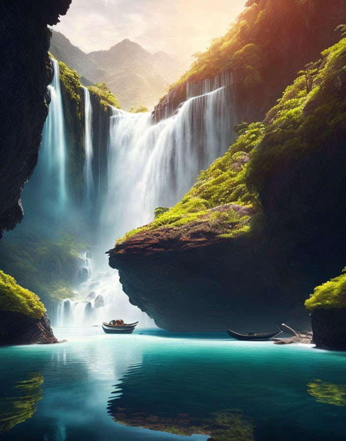 Person on small boat near majestic waterfall amid lush green cliffs