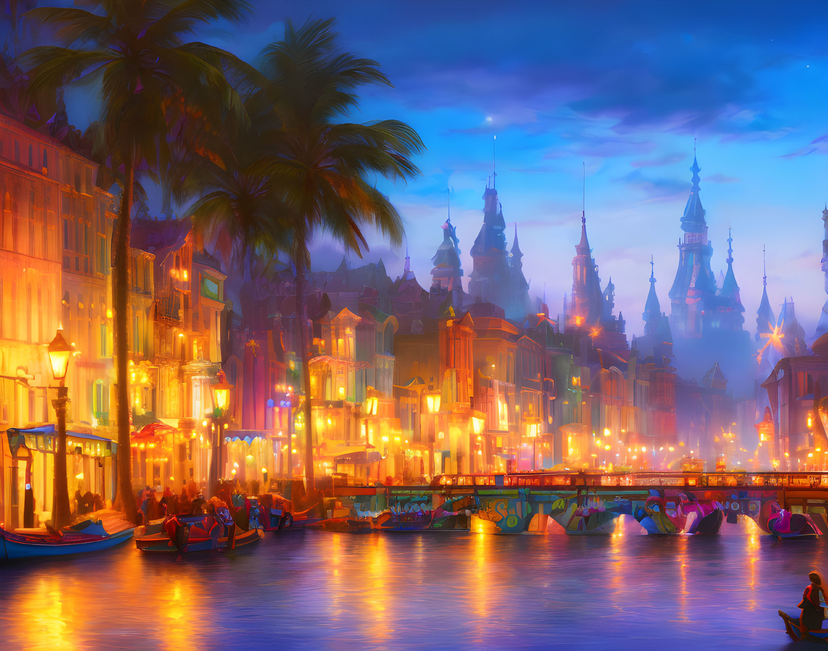 Vibrant Watercolor-style Image of Dusk Canal City